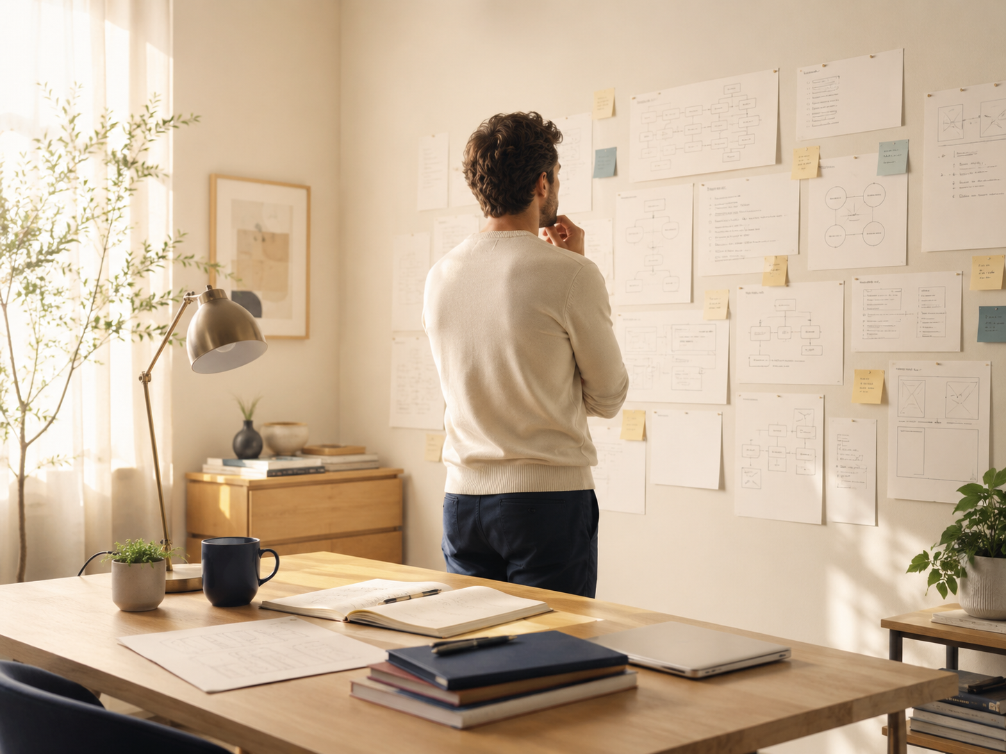 Founder reviewing a wall of software planning notes, architecture sketches, and roadmap decisions in a sunlit office